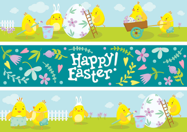 Easter banners with chicken cartoons illustration. - Vector, Image