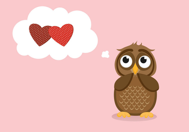 Cute owlet dreams of love. Owl thought. Greeting card - Vector, Image