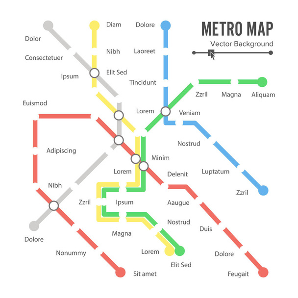 Vector χάρτη του μετρό. Πόλη μεταφορά καθεστώς έννοια. Πολύχρωμο φόντο με σταθμούς - Διάνυσμα, εικόνα