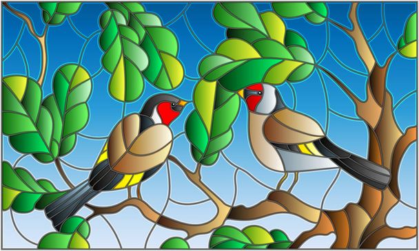 Illustration in Glasmalerei zum Thema Sommer, zwei Stieglitz am Himmel und Eichenblätter - Vektor, Bild