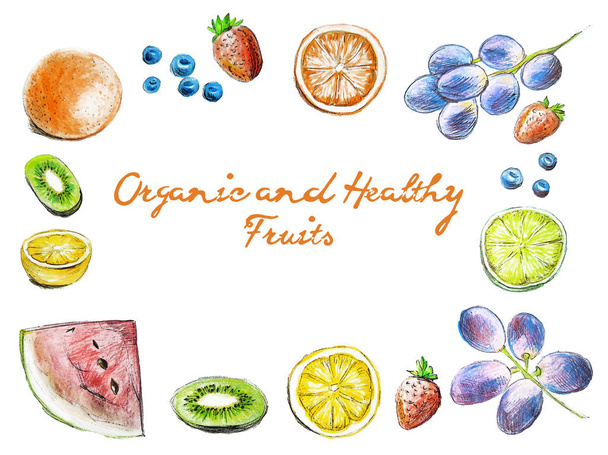 Fruits top view frame. Healthy food poster.  - Vektör, Görsel