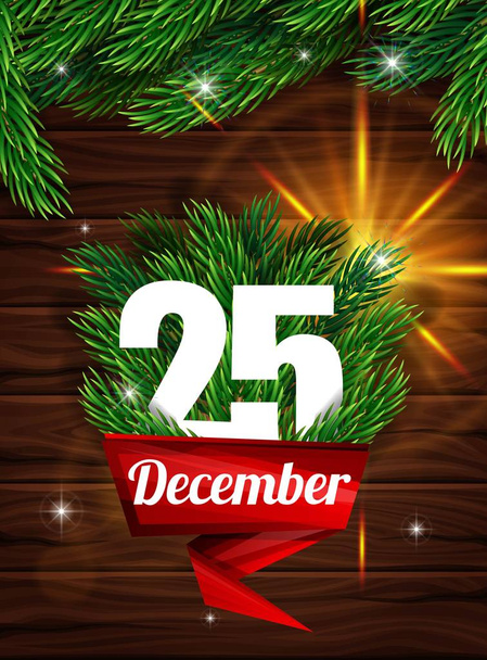 hochwertige realistische Poster für Weihnachten. realistische Tannenzweige auf dem Hintergrund dunkler Holzplanken. rotes Band mit einem Brief vom 25. Dezember - Vektor, Bild