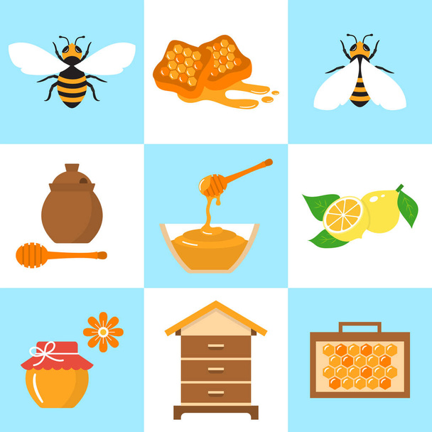 Honing bijenteelt vector platte icons set - Vector, afbeelding