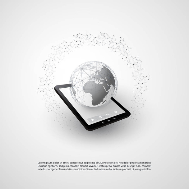 Design astratto del cloud computing e delle connessioni di rete globali Concetto di progettazione con tablet PC, dispositivo mobile wireless, maglia geometrica trasparente
 - Vettoriali, immagini