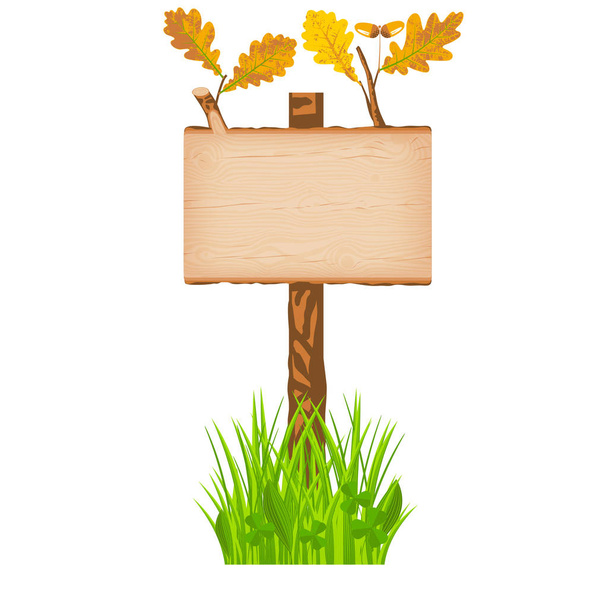 Placa de madeira de madeira de carvalho com folhas verdes em um pólo no gras
 - Vetor, Imagem