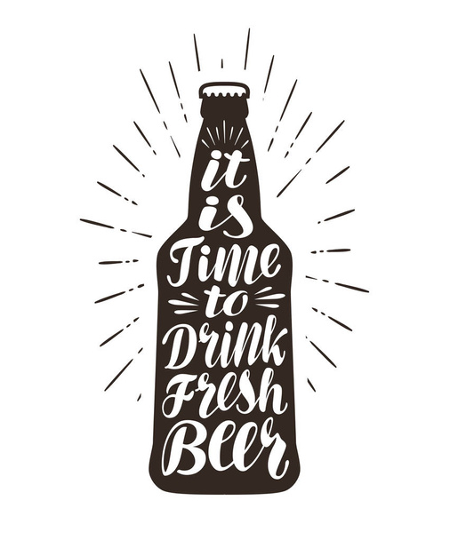Beer, ale, brew label. Lettering, calligraphy vector illustration. Bottle, drink symbol or icon - Вектор, зображення