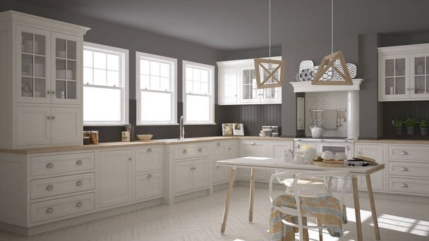 Scandinavian classic white kitchen with wooden details, minimali - Zdjęcie, obraz