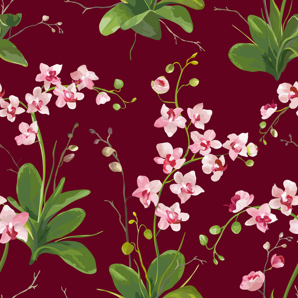 Orchid Tropical Leaves and Flowers Background. Seamless Pattern in Vector - ベクター画像