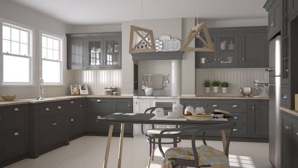 Scandinavian classic gray kitchen with wooden details, minimalis - Photo, Image