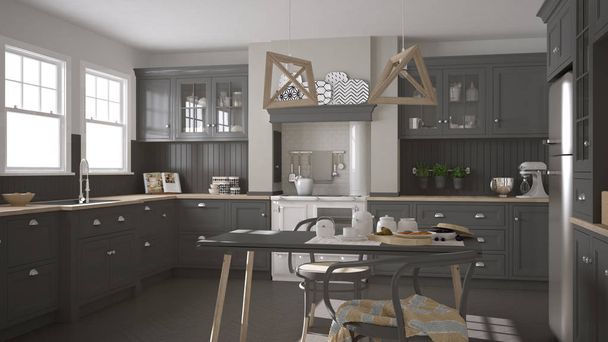 Cocina clásica escandinava gris con detalles de madera, minimalis
 - Foto, imagen