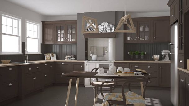 Scandinavian classic kitchen with wooden and brown details, mini - Photo, Image