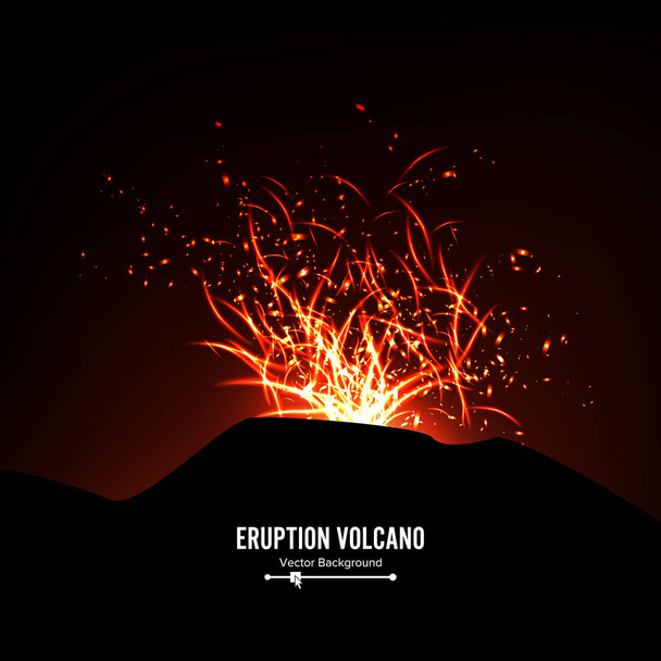 Volcán Erupción Vector. Thunderstorm Sparks. Explosión grande y pesada desde la montaña. Lava caliente roja que brilla
. - Vector, imagen
