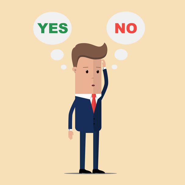 Thinking businessman with speech bubbles choosing option between yes and no. businessman and choice yes or no. Choice, problem and decision concept - Vector, Image