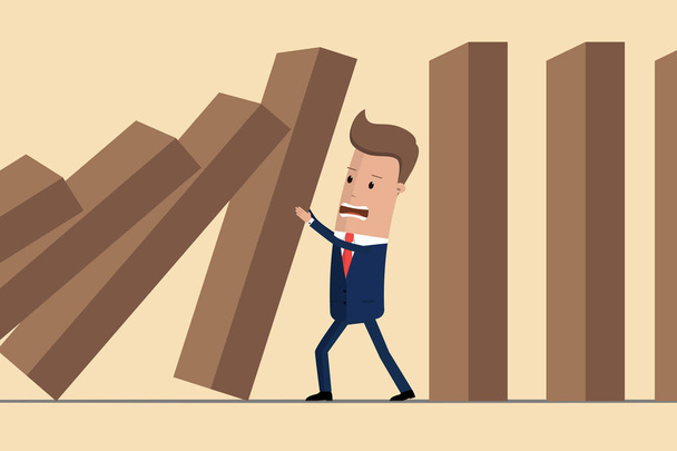Vector illustration of man stopping the domino effect with falling dominoes. Business Concept - Vector, Image