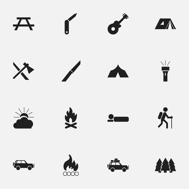 Conjunto de 16 ícones de acampamento editáveis. Inclui símbolos como Tomahawk, faca, pinheiro e muito mais. Pode ser usado para Web, Mobile, UI e design infográfico
. - Vetor, Imagem