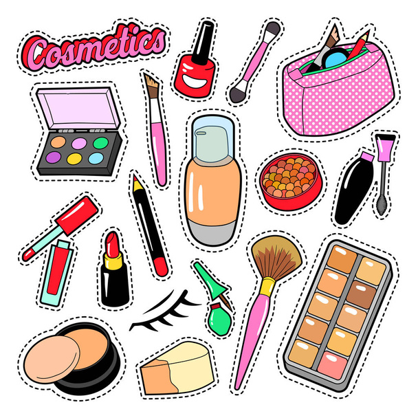 Kosmetik Beauty Fashion Make-up-Elemente mit Lippenstift und Wimperntusche für Aufkleber, Abzeichen, Aufnäher. Vektor-Doodle - Vektor, Bild