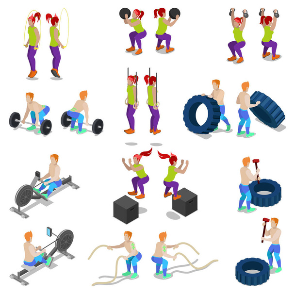 Isometrische mensen op Crossfit Gym training en oefeningen. 3d platte illustratie vector - Vector, afbeelding