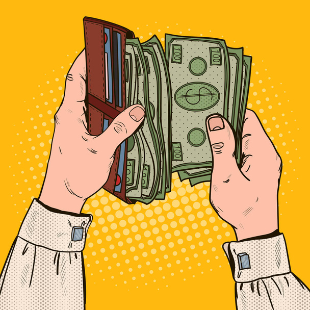 Бизнесмен поп-арта держит кошелек с деньгами. Векторная иллюстрация
 - Вектор,изображение