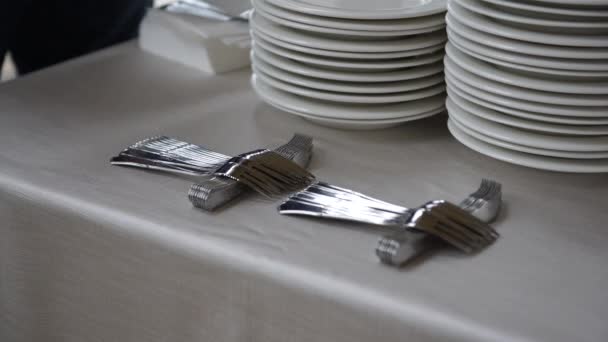 Preparação de catering de casamento, um garçom colocando garfos para os aperitivos, 4K
 - Filmagem, Vídeo