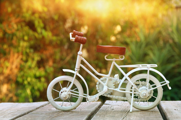 Vintage bicycle toy waiting outdoors in the garden - 写真・画像