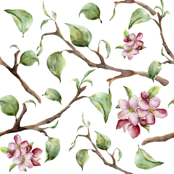 Watercolor pattern with tree branches and apple blossom. Hand painted spring ornament with floral elements with leaves isolated on white background. For design and fabric - Photo, Image