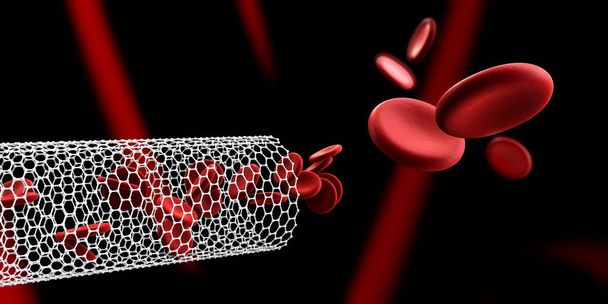 Ερυθρών αιμοσφαιρίων στο νανο σωλήνα. Στοιχείων του αίματος, 3d απεικόνιση - Φωτογραφία, εικόνα