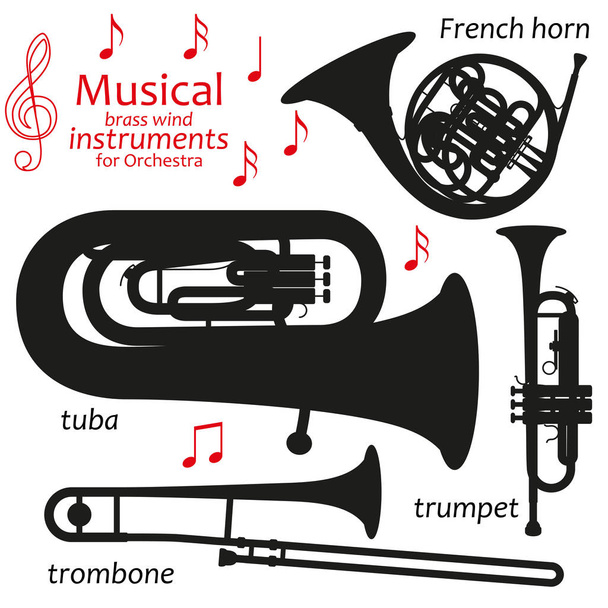 Reihe von Silhouetten-Symbolen. Blasinstrumente für Orchester. Vektorillustration - Vektor, Bild