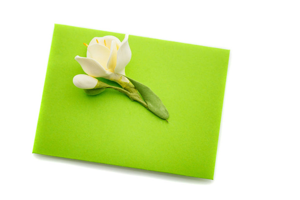 Primo piano di busta verde con fiore
 - Foto, immagini
