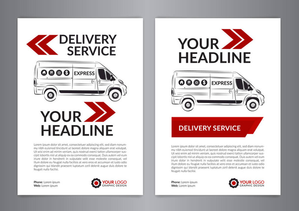 A4-es Express szállítási szolgáltatás brosúra szórólap tervezés alaprajz sablon beállítása Szállítási van magazin borító, szórólap makett. Vektoros illusztráció. - Vektor, kép