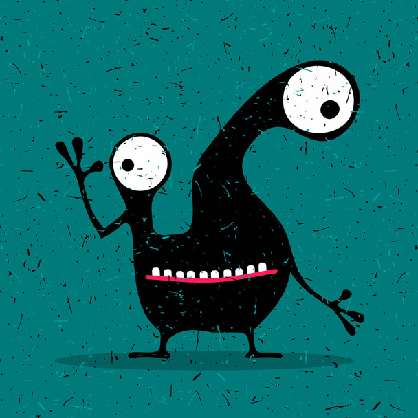 Cute black monster with emotions on grunge dark blue background.  - Wektor, obraz