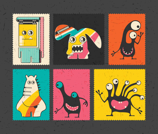 Набор из шести ретро-почтовых марок со смешными монстрами на разном цветном фоне
.  - Вектор,изображение
