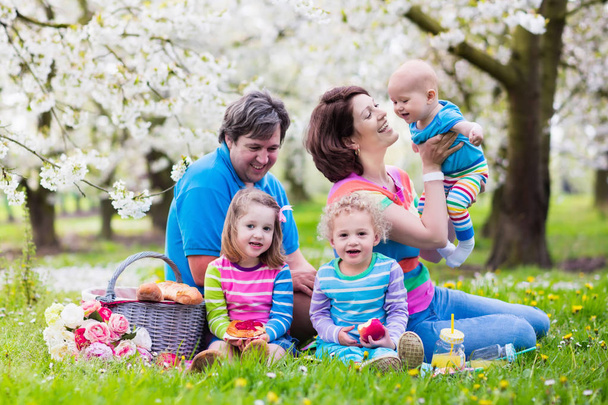 Family with children enjoying picnic in spring park - Fotoğraf, Görsel