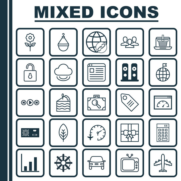 Set Of 25 Universal Editable Icons. Can Be Used For Web, Mobile And App Design. Includes Elements Such As Power Generator, Airliner, Gift Surprise And More. - Vector, Image