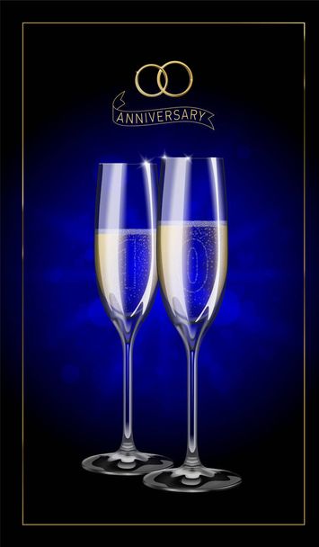 Десять років весілля ювілей святкування реалістична Векторна ілюстрація двох прозорих келихів шампанського, повних ігристого білого вина
.  - Вектор, зображення