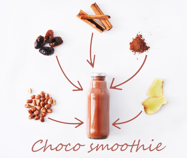 Natural detox chocolate smoothie ingredients isolated on white background - Photo, image