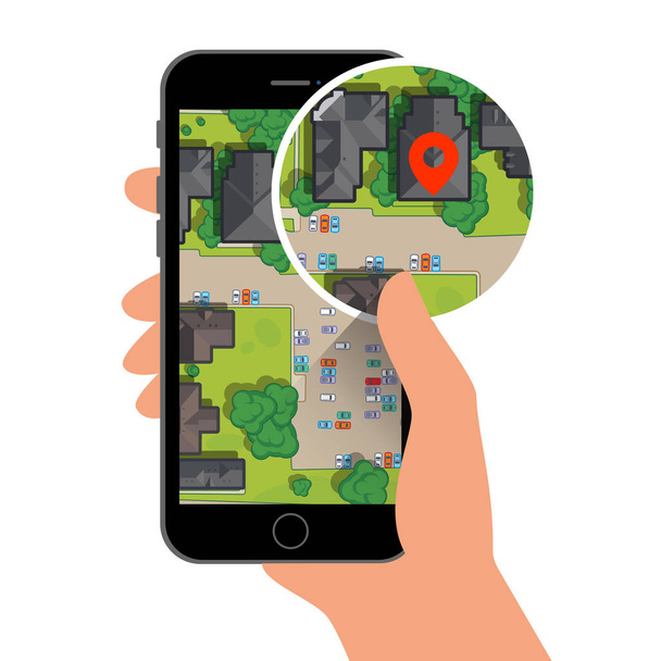 Navegación GPS móvil en el teléfono móvil con mapa y pin
 - Vector, imagen