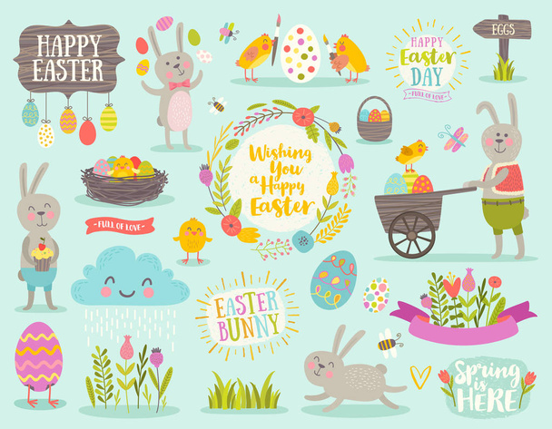 Set of cute Easter cartoon characters and design elements. Easter bunny, chickens, eggs and flowers. Vector illustration. - Vektori, kuva