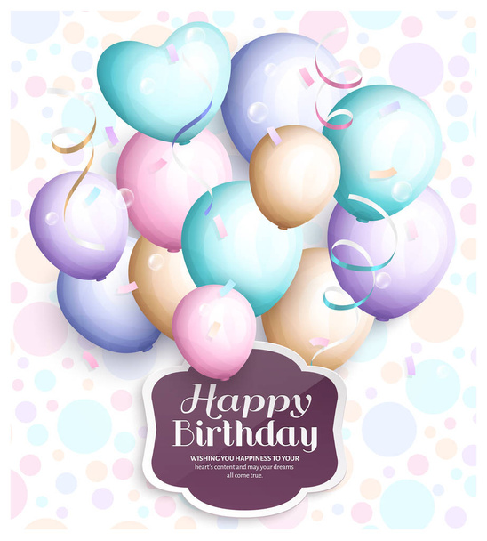 Happy birthday greeting card. Retro vintage pastel party balloons, streamers, paper label with stylish lettering. Vector. - Vector, Image