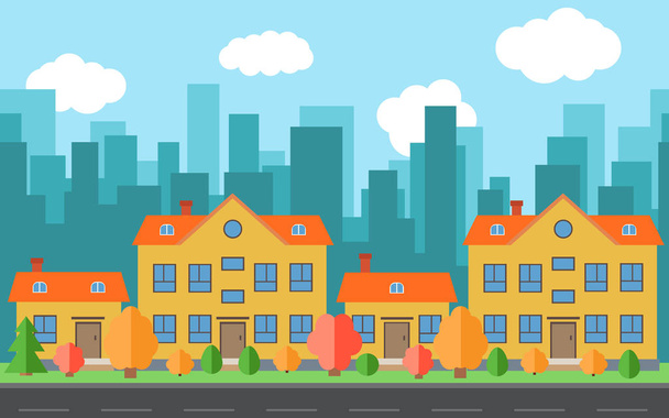 Vector city with four cartoon houses and buildings. City space with road on flat style background concept - Vector, Image