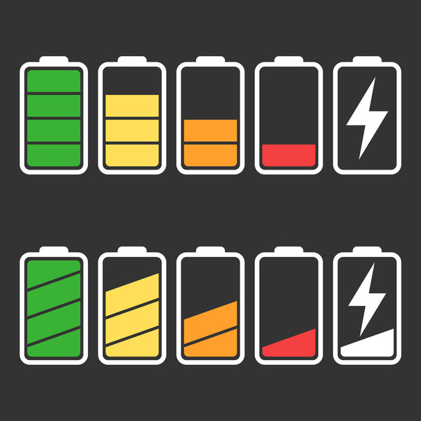 Bateria ícone vetor definido isolado no fundo preto. Símbolos de nível de carga da bateria, completo e baixo. O grau de potência da bateria ilustração vetorial plana
. - Vetor, Imagem