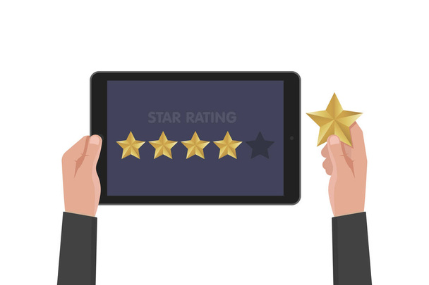 Hand holding and pointing to a tablet with five star on the screen. Rating and review concept. Vector illustration - Vector, Image