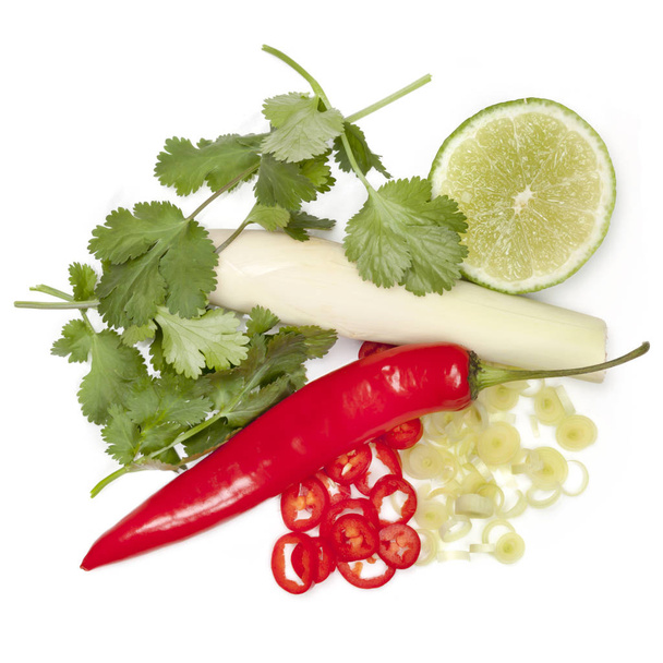 Lemongrass Red Chili Coriander and Lime Top View Isolated - Photo, Image