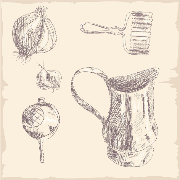 Hand drawn Kitchen Tools Set - Saucer - Vektor, kép