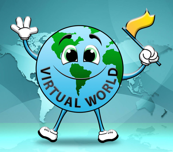 Virtuele wereld vertegenwoordigt globale Internet 3d illustratie - Foto, afbeelding