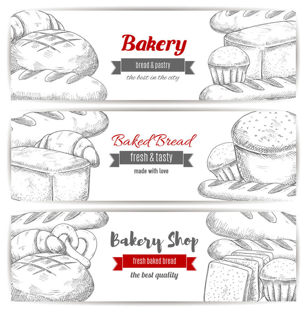 Bäckerei, Brot und Konditorei skizzieren Banner-Set - Vektor, Bild