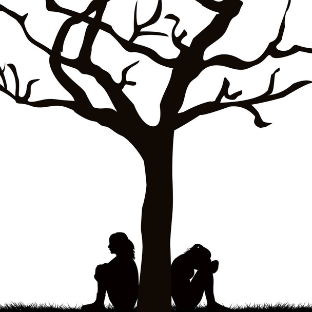 Sad women sitting under a tree - Vektör, Görsel