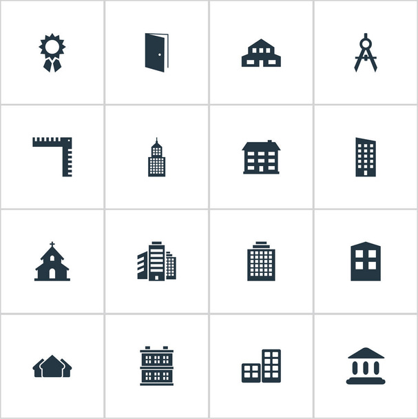 Zestaw 16 ikon prostej architekturze. Można znaleźć takie elementy jak schronienie, długość, szkoły i inne. - Wektor, obraz
