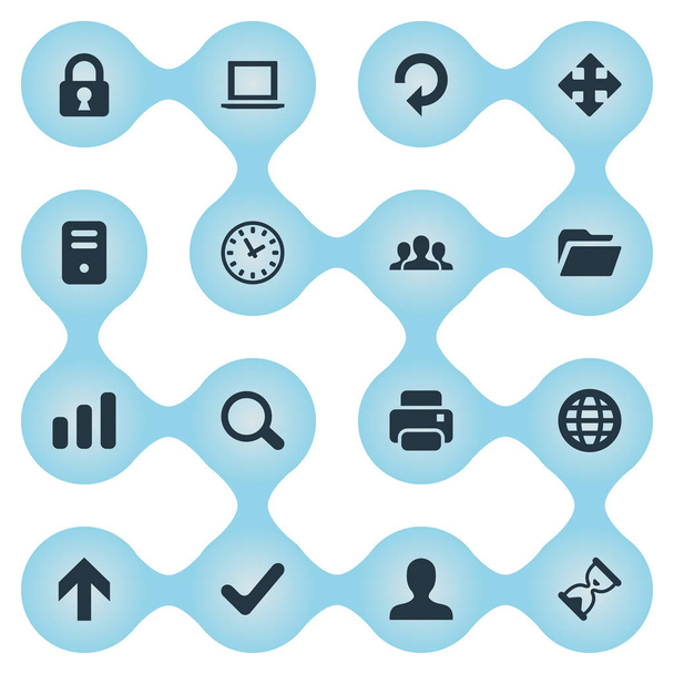Conjunto de 16 iconos de aplicaciones simples. Se pueden encontrar elementos tales como cuaderno, caso de la computadora, usuario y otros
. - Vector, Imagen