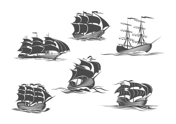 Żeglarstwo statek, żaglówka, jacht i brigantine ikona - Wektor, obraz