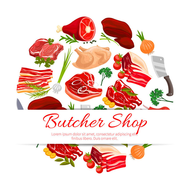 Slager winkel vlees producten poster voor voedsel ontwerp - Vector, afbeelding